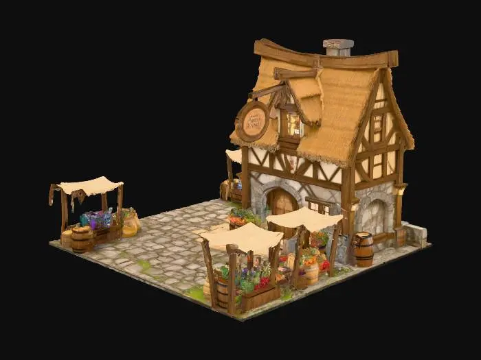 3D model for isometric role playing game scene, cobble stone bar and inn in a small town, gran blue relink style artwork, video game