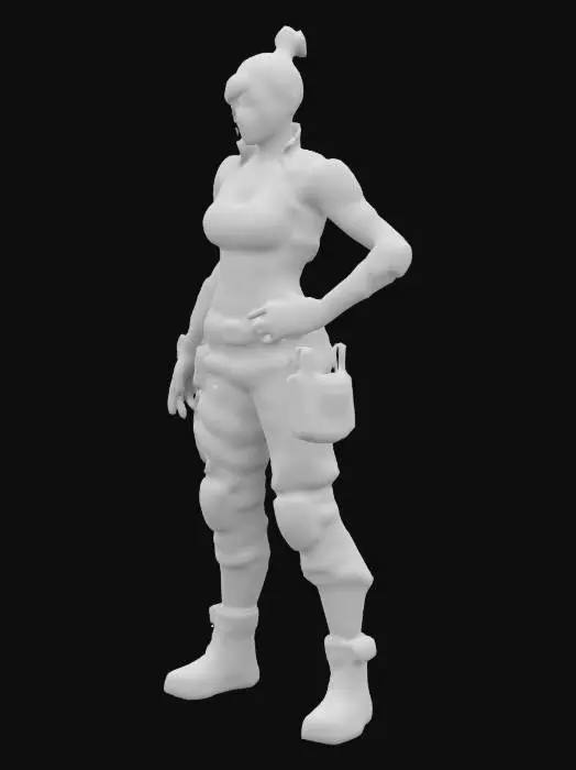 3D model for game ready model, standing A-pose with arms out, symmetrical, high details, high resolution, 4K, athletic, skinny, sexy, female, hair pulled back in a bun, one synthetic arm, Bungie Game Studio concept art style, rugged, adventurous, bungie destiny, tactical clothing