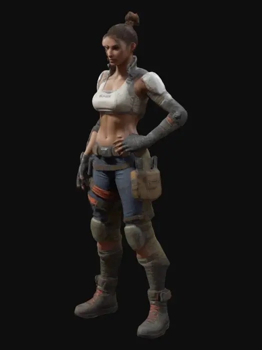 3D model for game ready model, standing A-pose with arms out, symmetrical, high details, high resolution, 4K, athletic, skinny, sexy, female, hair pulled back in a bun, one synthetic arm, Bungie Game Studio concept art style, rugged, adventurous, bungie destiny, tactical clothing