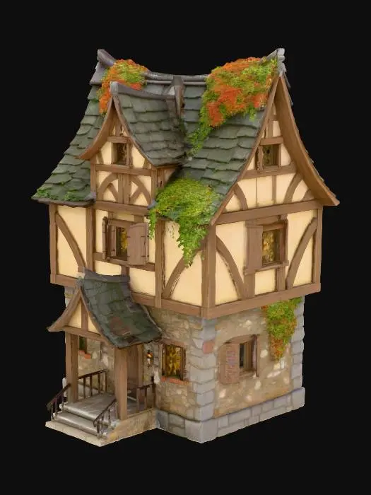 3D model for 2 story city townhouse, wood, stucco and stone. Slate roof with some ivy.
ARPG styled for video game use. High quality