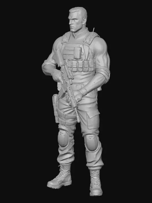 3D model for A modern military operator in tactical civilian clothes. character art should be rendered with a sketchbook style using markers in grey scale.