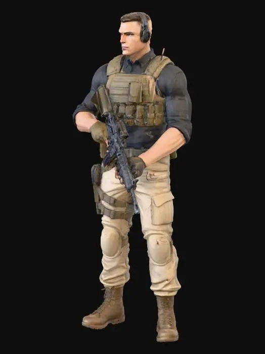 3D model for A modern military operator in tactical civilian clothes. character art should be rendered with a sketchbook style using markers in grey scale.