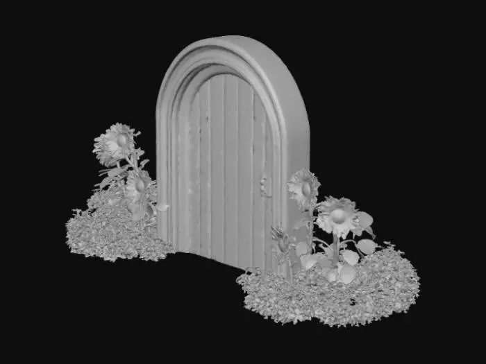 3D model for A magical 3D glowing portal shaped like a classic red barn door. 'Pixar' style, stylized, made of painted wood, with sunflowers growing around it, isolated.