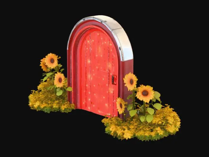 3D model for A magical 3D glowing portal shaped like a classic red barn door. 'Pixar' style, stylized, made of painted wood, with sunflowers growing around it, isolated.