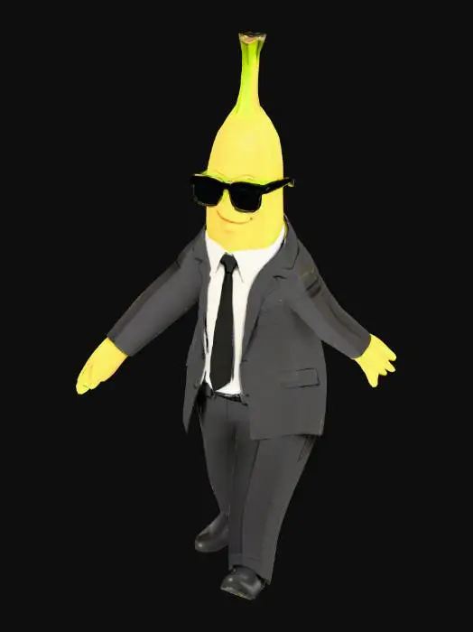 3D model for 3D character asset for a Roblox game. A life-sized, anthropomorphic banana in a sleek agent suit, white shirt, black tie, and dark wayfarer sunglasses. The art style should be stylized, clean, and low-poly, with simple, bold colors. The character must be generated in a perfect, symmetrical T-pose, ready for rigging.
