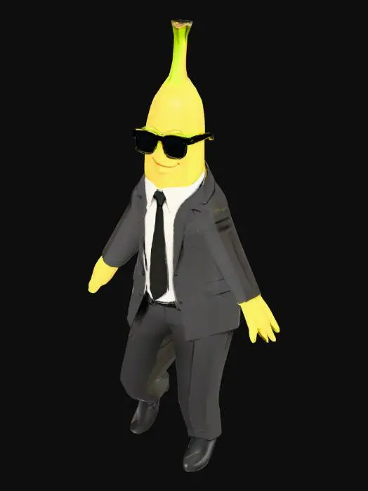 3D model for 3D character asset for a Roblox game. A life-sized, anthropomorphic banana in a sleek agent suit, white shirt, black tie, and dark wayfarer sunglasses. The art style should be stylized, clean, and low-poly, with simple, bold colors. The character must be generated in a perfect, symmetrical T-pose, ready for rigging.
