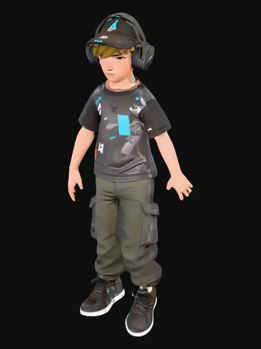 3D model for A 3D model of a young pro-gamer kid character, standing in a neutral A-pose, with his arms slightly out from the body and elbows slightly bent. He wears a simple, short-sleeve e-sports style jersey with simple geometric patterns on the sleeves, and cargo pants. A baseball cap is worn backwards on his head. Large gaming headphones are worn over the cap. Symmetrical, stylized, clean design, single solid mesh.
