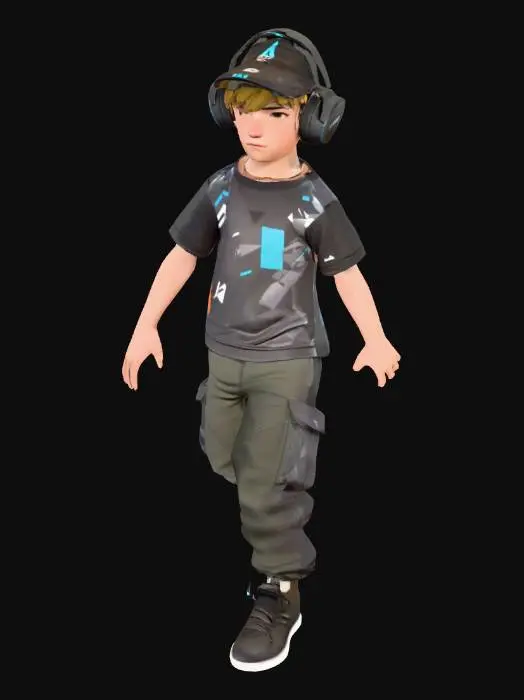 3D model for A 3D model of a young pro-gamer kid character, standing in a neutral A-pose, with his arms slightly out from the body and elbows slightly bent. He wears a simple, short-sleeve e-sports style jersey with simple geometric patterns on the sleeves, and cargo pants. A baseball cap is worn backwards on his head. Large gaming headphones are worn over the cap. Symmetrical, stylized, clean design, single solid mesh.
