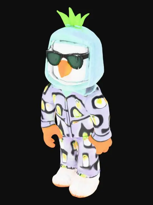 3D model for A quirky Roblox R15 character, shaped like an inflated balloon, dressed in penguin-patterned pajamas. It wears reading glasses perched on its nose and has a single, neon-green strand of hair. The texture should be soft, like plush fabric, with shiny areas on the glasses and fine details on the pajamas.