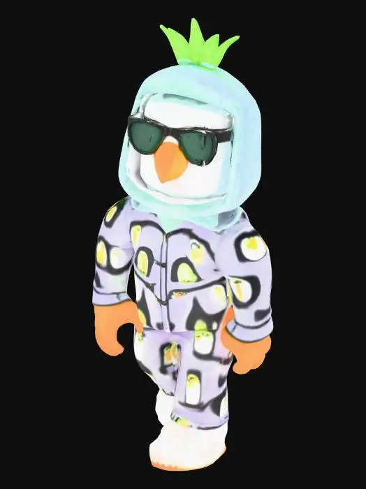 3D model for A quirky Roblox R15 character, shaped like an inflated balloon, dressed in penguin-patterned pajamas. It wears reading glasses perched on its nose and has a single, neon-green strand of hair. The texture should be soft, like plush fabric, with shiny areas on the glasses and fine details on the pajamas.