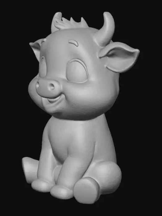 3D model for A 3D baby cow, plush toy, extremely cute and chubby, big blue expressive eyes, smiling, sitting playfully, white with soft black spots. 'Pixar' style, isolated.