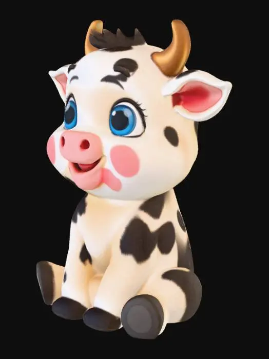 3D model for A 3D baby cow, plush toy, extremely cute and chubby, big blue expressive eyes, smiling, sitting playfully, white with soft black spots. 'Pixar' style, isolated.