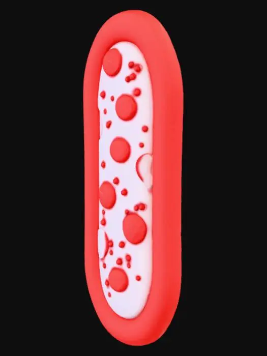 3D model for A 3D cartoon pepperoni slice, looks like a flat, red polka dot candy. Shiny, stylized, isolated.