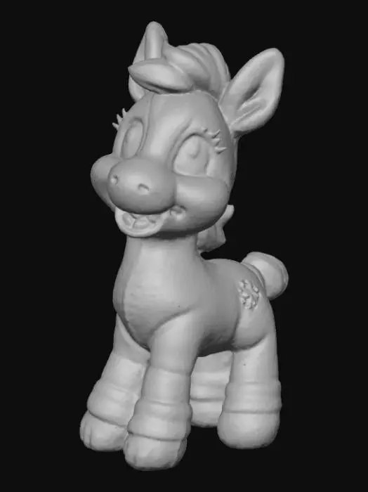 3D model for A 3D baby horse, plush toy, light brown with a soft white mane, friendly smiling face, 'My Little Pony' style. 'Pixar' style, isolated.