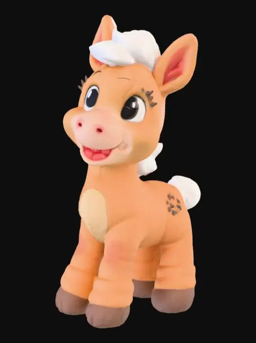 3D model for A 3D baby horse, plush toy, light brown with a soft white mane, friendly smiling face, 'My Little Pony' style. 'Pixar' style, isolated.