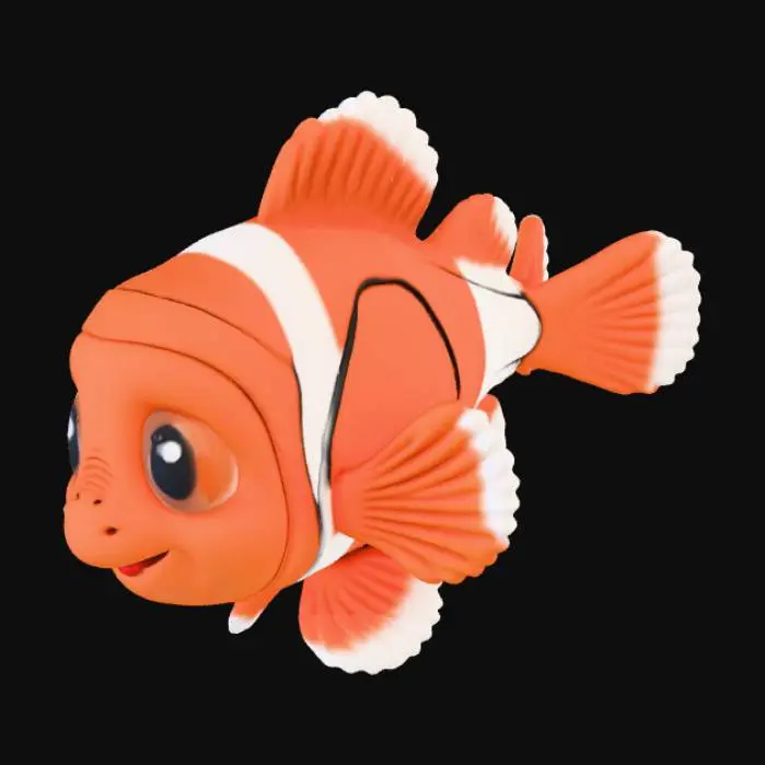 3D model for A 3D baby clownfish, plush toy, 'Nemo' style, bright orange and white, big happy eyes, soft fins. 'Pixar' style, isolated.