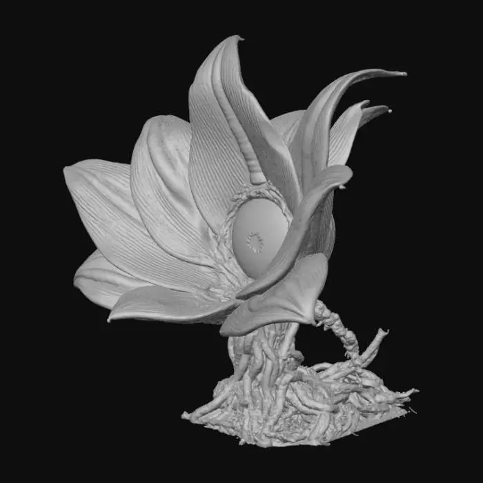 3D model for A magical 3D glowing portal inside the mouth of a giant, friendly jungle flower. 'Moana' style, vibrant, detailed, surrounded by vines, isolated.