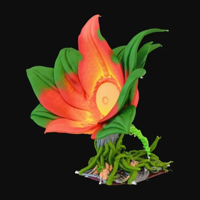 3D model for A magical 3D glowing portal inside the mouth of a giant, friendly jungle flower. 'Moana' style, vibrant, detailed, surrounded by vines, isolated.