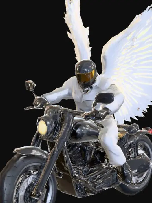 3D model for A angel riding a motorcycle with wings fly high 