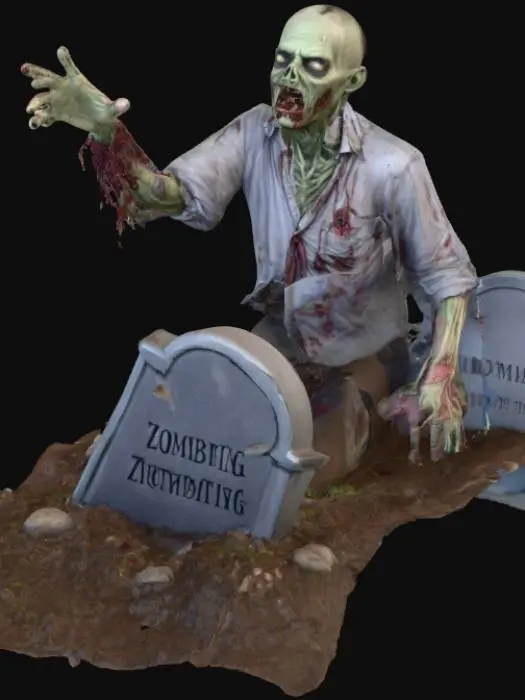 3D model for a zombie rising out of his grave with a tombstone 
