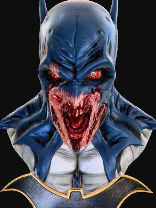 3D model for Zombie batman bust on a stand with the bat symbol in front with realistic details