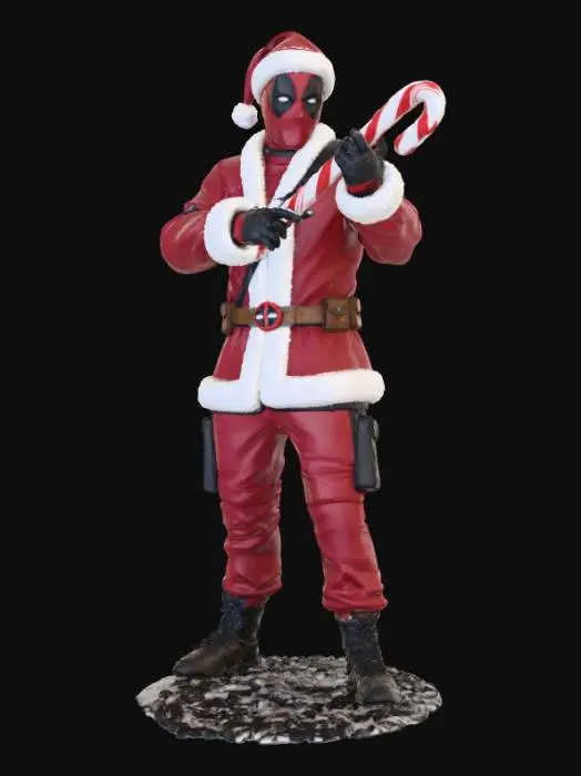 3D model for Create an image of Deadpool wearing a Santa outfit holding a candy cane like his pistol, #Christmas2025#, #Christmas2025#