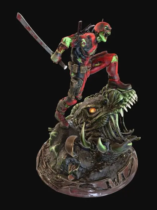 3D model for #Christmas2025#, Zombie Dead pool standing on dragon head.. highly detailed