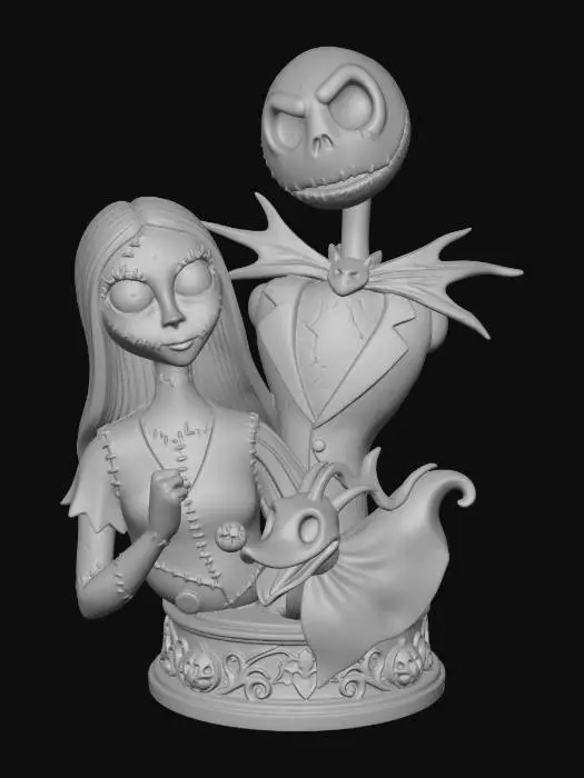 3D model for Jack an Sally with the dog zero all together on a beautiful pedestal made into a realistic detailed bust