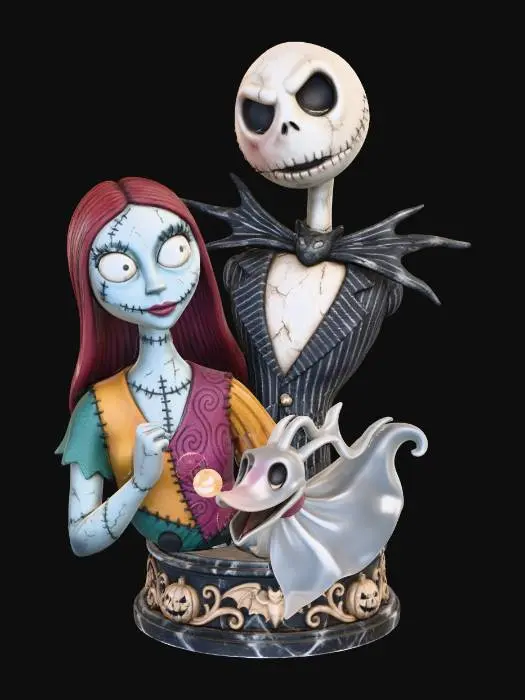 3D model for Jack an Sally with the dog zero all together on a beautiful pedestal made into a realistic detailed bust