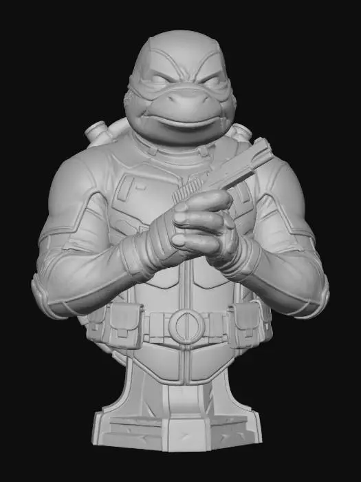3D model for Deadpool as a teenage mutant ninja turtle bust from the waist up with realistic details an him holding a pistol