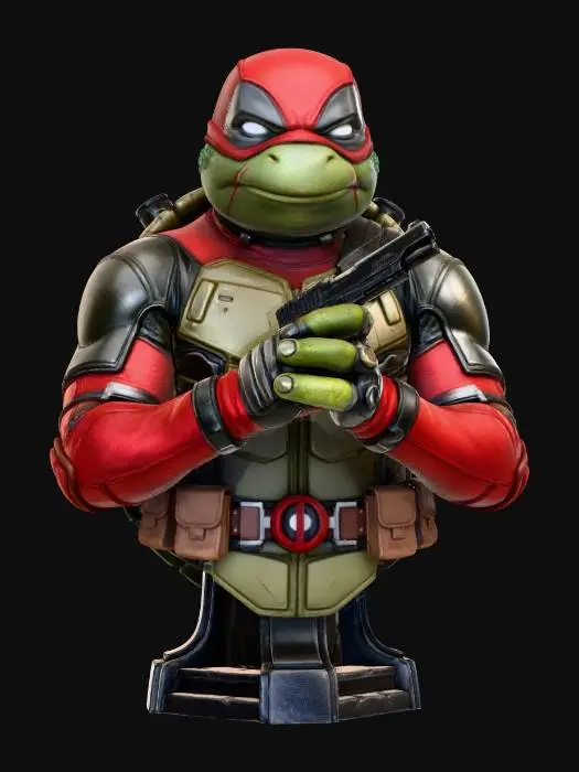 3D model for Deadpool as a teenage mutant ninja turtle bust from the waist up with realistic details an him holding a pistol