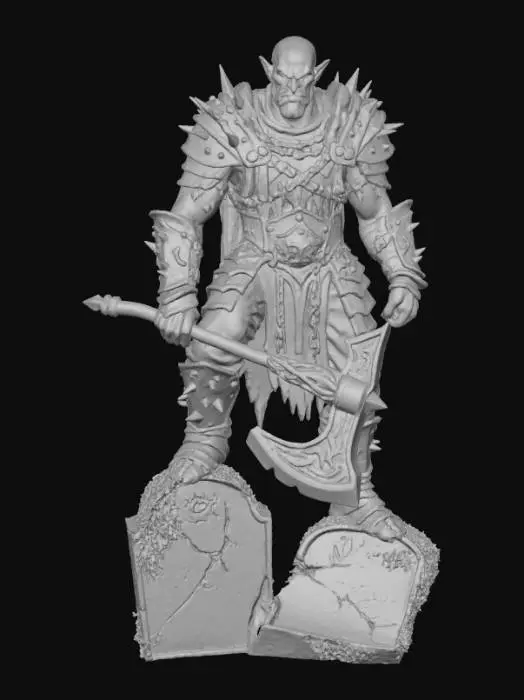 3D model for A dark Gothic thin faced Orc warrior holding a  Viking axe standing on a broken grave stone