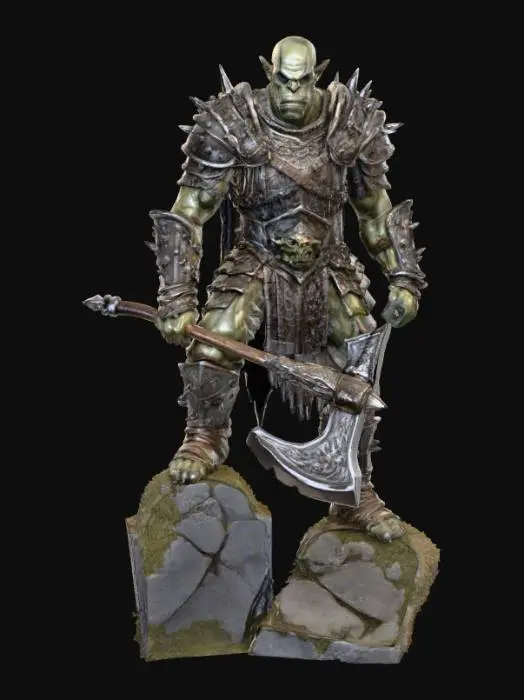 3D model for A dark Gothic thin faced Orc warrior holding a  Viking axe standing on a broken grave stone