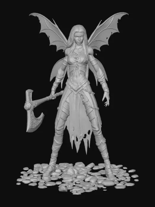 3D model for A dark Gothic thin faced fairy warrior holding  a  Viking axe standing on pebbles