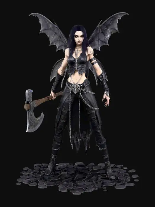 3D model for A dark Gothic thin faced fairy warrior holding  a  Viking axe standing on pebbles
