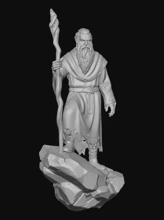 3D model for Red old holding a staff standing on a rock