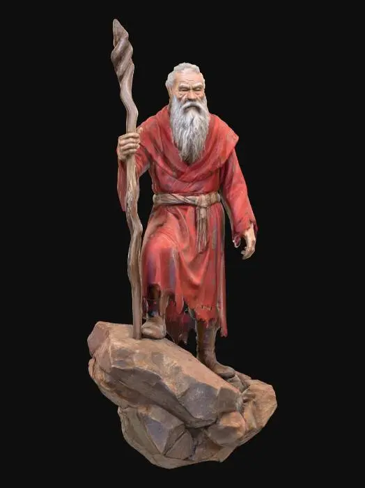 3D model for Red old holding a staff standing on a rock