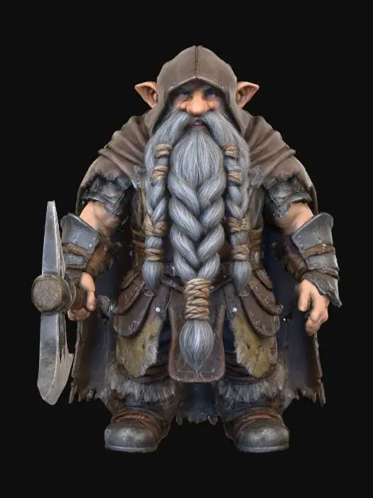 3D model for Short hobbit troll with long beard holding a axe standing on stones