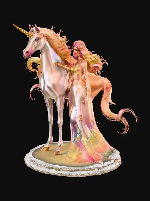 3D model for a beautiful unicorn with a 
young beautiful girl by her side