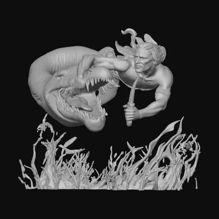 3D model for Native American warrior fighting a swimming monster with a knife.. realistic details