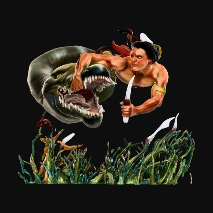 3D model for Native American warrior fighting a swimming monster with a knife.. realistic details