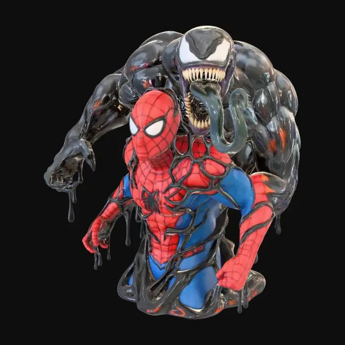 3D model for Spider-Man caught in a moment of unsettling transformation as Venom’s living symbiote envelops him from behind. Glossy black tendrils creep across Spider-Man’s red-and-blue suit, wrapping his torso and arm like liquid shadows. Venom looms over him, massive and predatory, its muscular form fused to Spider-Man’s back, jaws open to reveal rows of jagged teeth and a long, serpentine tongue curling forward bust from the waist up with realistic details