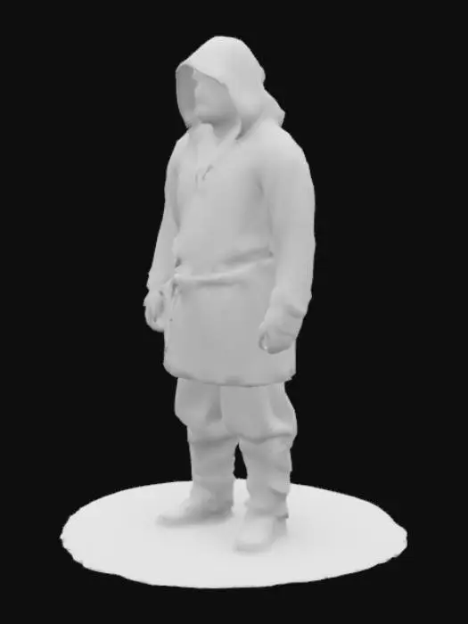 3D model for A sturdy male farmer from the medieval period, clad in coarse, undyed woolen tunic and practical leather britches, showing signs of wear and tear. His weathered face is framed by a simple hood, and his hands are calloused and strong, indicating a life of manual labor. He has a humble, earnest expression and a robust, slightly stooped posture from years in the fields.