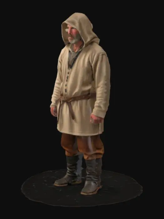 3D model for A sturdy male farmer from the medieval period, clad in coarse, undyed woolen tunic and practical leather britches, showing signs of wear and tear. His weathered face is framed by a simple hood, and his hands are calloused and strong, indicating a life of manual labor. He has a humble, earnest expression and a robust, slightly stooped posture from years in the fields.