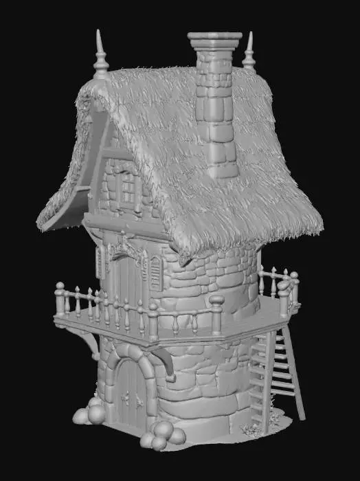 3D model for je veux un modele 3d de maison medieval, avec un balcon et de quoi grimper dessus. Les collisions doivent etre bonnes.