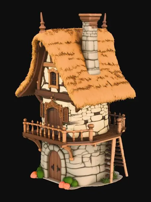 3D model for je veux un modele 3d de maison medieval, avec un balcon et de quoi grimper dessus. Les collisions doivent etre bonnes.
