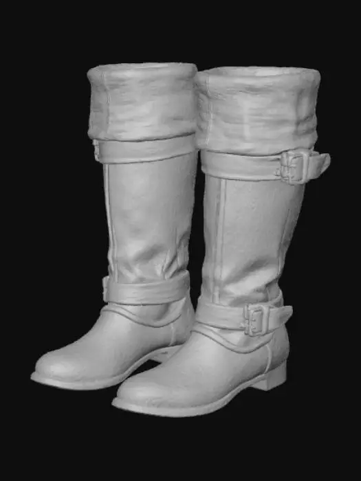3D model for High pirate captain boots, dark worn brown leather with lighter suede folded cuffs, tarnished metal buckles, one boot standing and one lying on its side. Semi-realistic, white background, soft lighting, 3/4 view, game asset reference style.