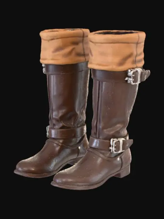 3D model for High pirate captain boots, dark worn brown leather with lighter suede folded cuffs, tarnished metal buckles, one boot standing and one lying on its side. Semi-realistic, white background, soft lighting, 3/4 view, game asset reference style.