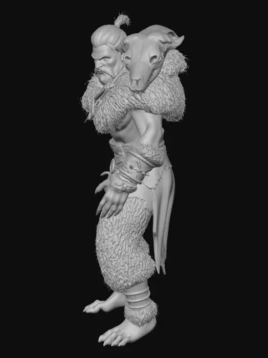 3D model for Male elf druid, full body, dynamic forward-leaning stance, feral posture. Sharp elven features but wilder expression, intense eyes. Wearing torn bear pelt cloak, thick matted fur, bear skull resting over one shoulder. Strong partial shapeshift: enlarged muscular arms fully covered in dark fur with heavy bear claws, shoulders broadened, back slightly hunched, subtle bear muzzle forming. Thickened legs, clawed feet, veins visible under skin. Vines, moss and small branches tangled around body. Natural leather straps, bone talismans. Semi-realistic stylized game asset, strong silhouette, powerful grounded presence