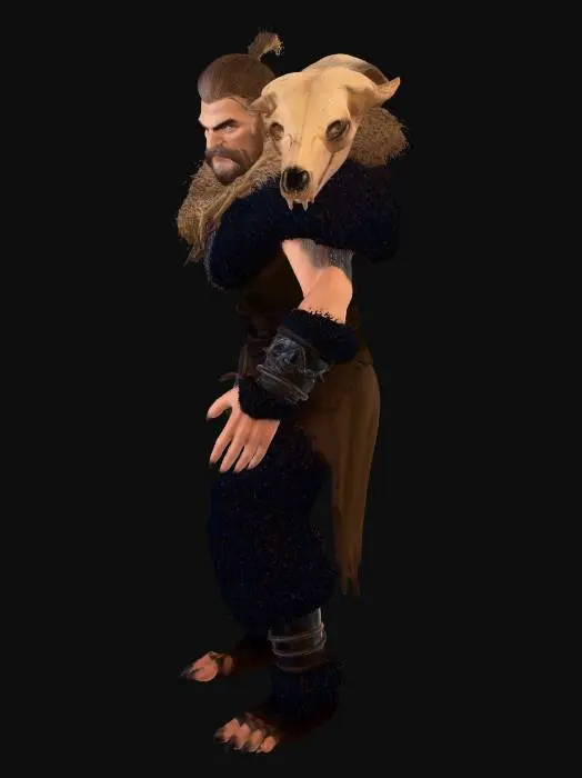 3D model for Male elf druid, full body, dynamic forward-leaning stance, feral posture. Sharp elven features but wilder expression, intense eyes. Wearing torn bear pelt cloak, thick matted fur, bear skull resting over one shoulder. Strong partial shapeshift: enlarged muscular arms fully covered in dark fur with heavy bear claws, shoulders broadened, back slightly hunched, subtle bear muzzle forming. Thickened legs, clawed feet, veins visible under skin. Vines, moss and small branches tangled around body. Natural leather straps, bone talismans. Semi-realistic stylized game asset, strong silhouette, powerful grounded presence